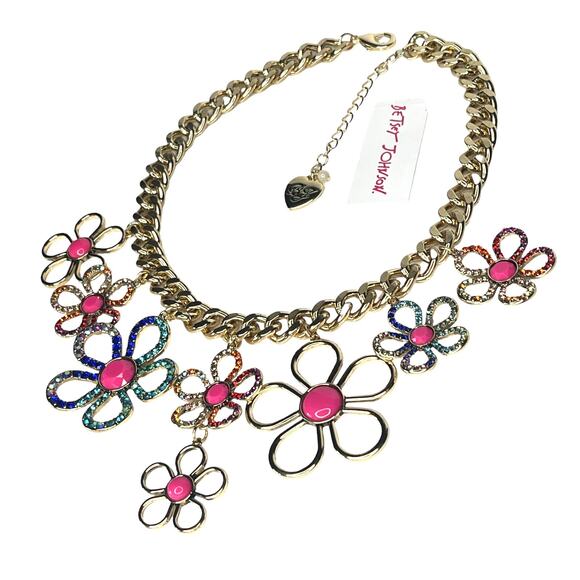 NEW Betsey Johnson FLOWER BIB NECKLACE Gold Tone Curb Chain Crystal Rhinestone - Picture 8 of 9